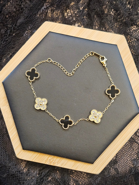 18k Gold Plated Black and Zircon Clover Bracelet